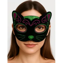 Siyah Kadife Kaplama Üzeri Pembe Yeşil Sim İşlemeli Kedi Maskesi 20x13 cm