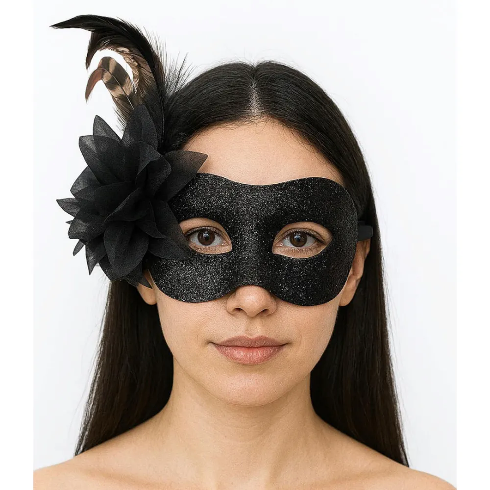 Siyah Renk Metalize Sim Görünümlü Parlak Tüylü Parti Maskesi 22x19 cm