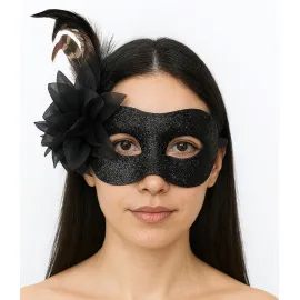 Siyah Renk Metalize Sim Görünümlü Parlak Tüylü Parti Maskesi 22x19 cm