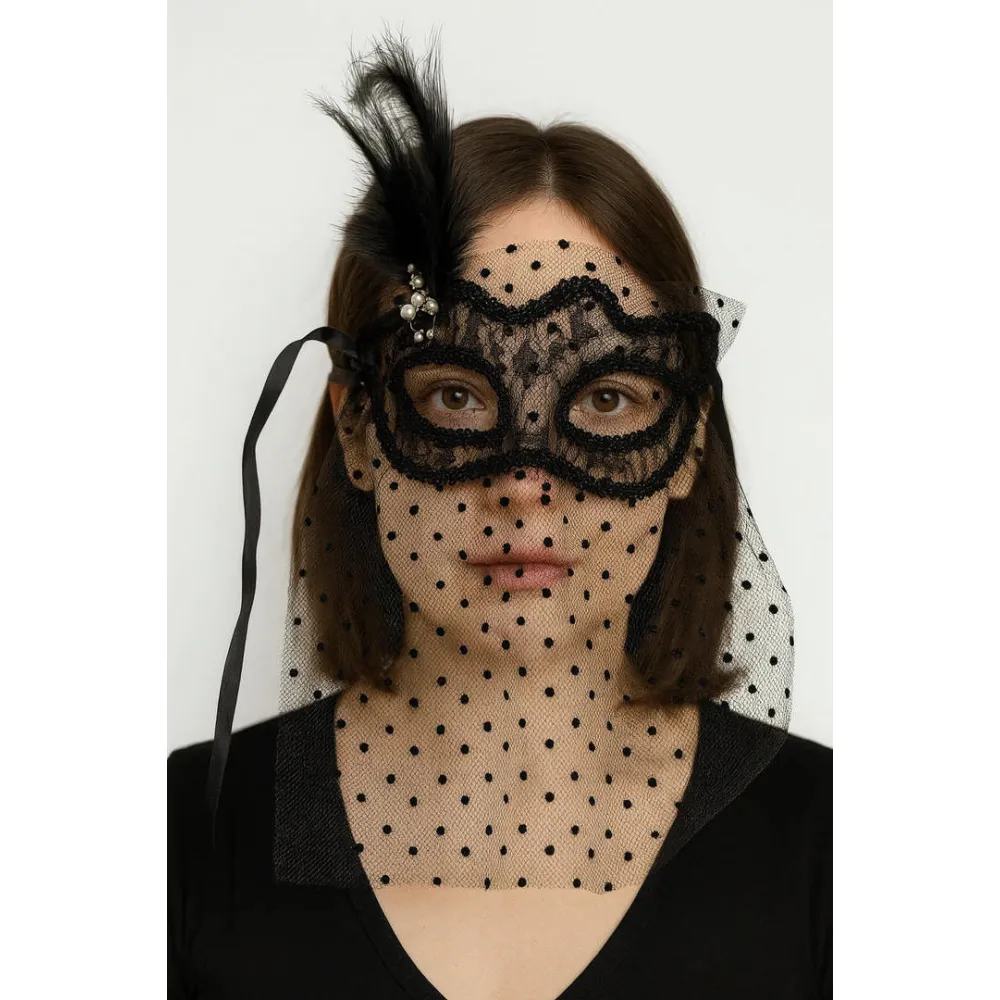 Siyah Renk Siyah Puantiyeli Duvaklı İncili Parti Maskesi 