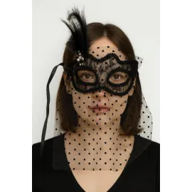 Siyah Renk Siyah Puantiyeli Duvaklı İncili Parti Maskesi 