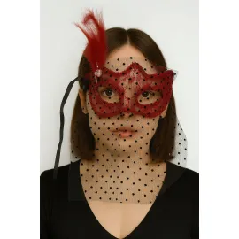 Kırmızı Renk Dantelli Duvaklı İncili Parti Maskesi Balo 