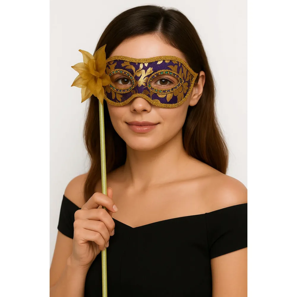 Lüks Taşlı Saplı Maskeli Balo Maskesi Mor Renk 35 cm