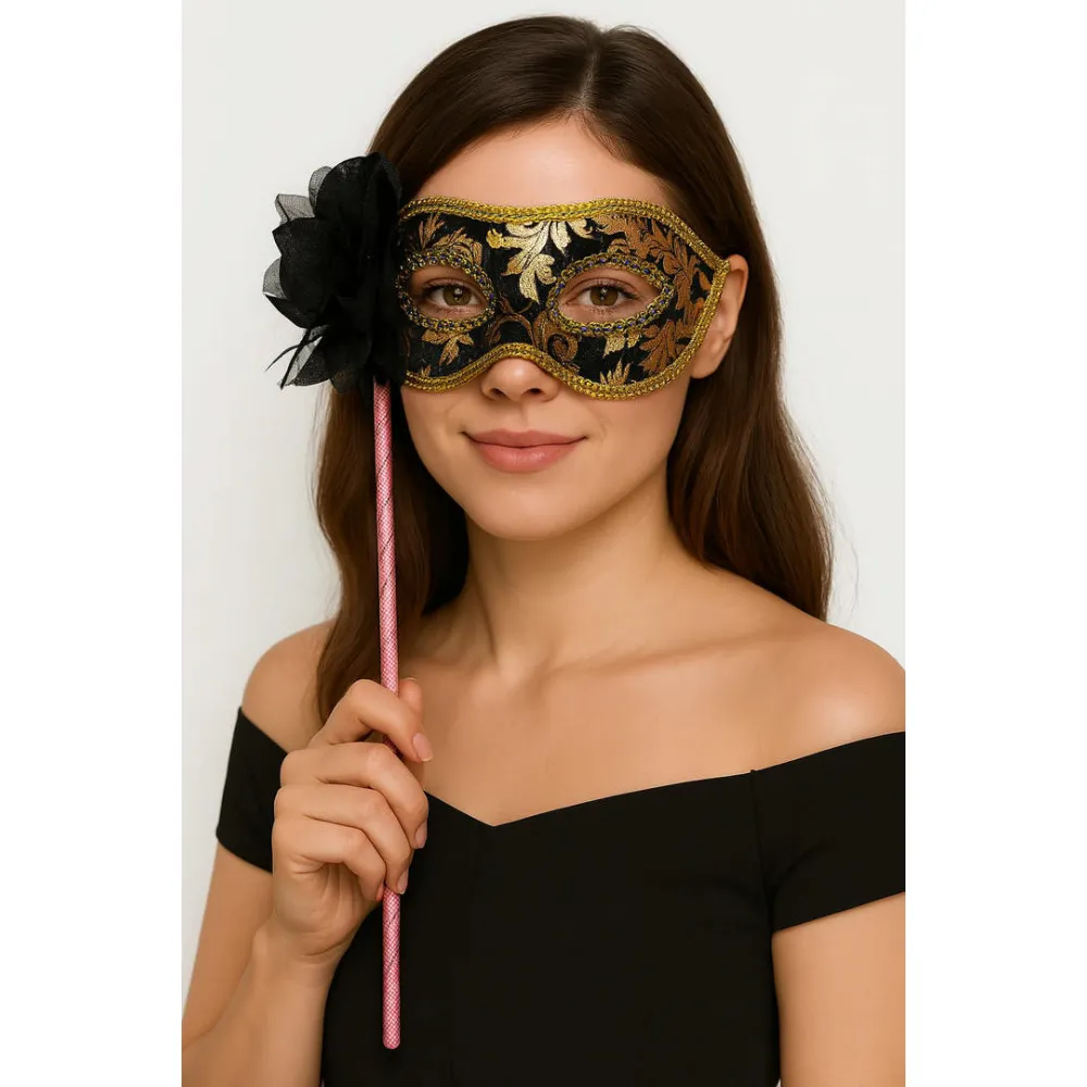 Lüks Taşlı Saplı Maskeli Balo Maskesi Siyah Renk 35 cm