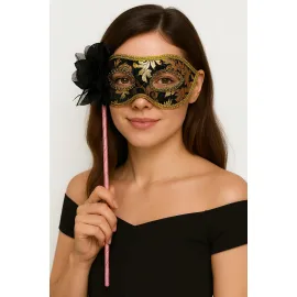 Lüks Taşlı Saplı Maskeli Balo Maskesi Siyah Renk 35 cm
