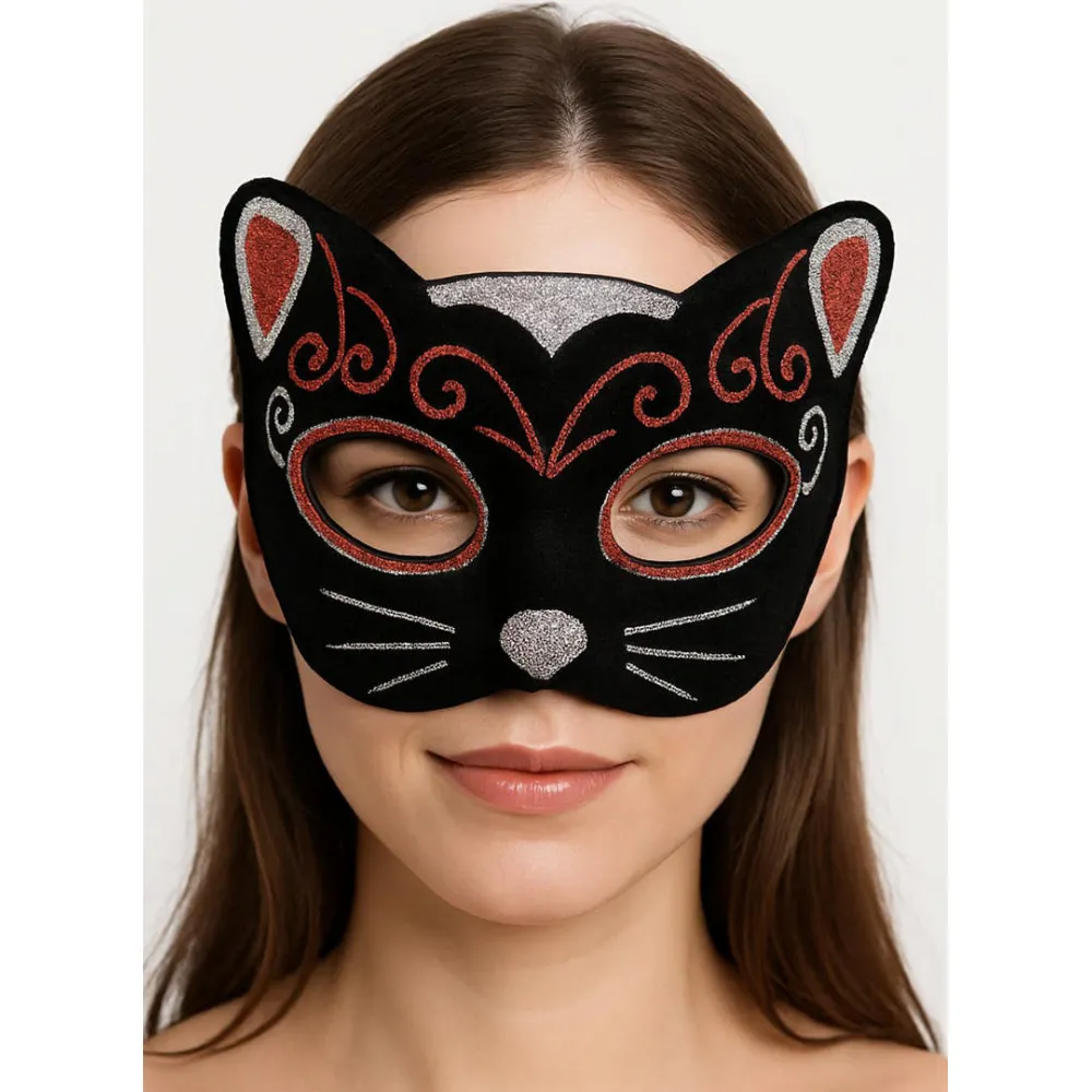 Kadife Dokulu Sim Detaylı Işıltılı Kedi Maskesi Kırmızı Gümüş 20x13 cm