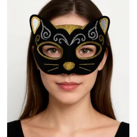 Kadife Dokulu Sim Detaylı Işıltılı Kedi Maskesi Altın Gümüş 20x13 cm