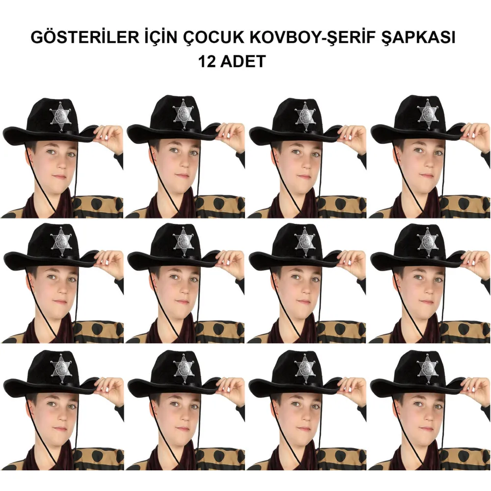 Kovboy Şerif Şapkası Siyah 12 Adet - Kostüm, Parti ve Gösteri Şapkası