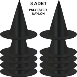 8 Adet Siyah Cadı Şapkası – Yetişkin & Çocuk Kostüm Aksesuarı