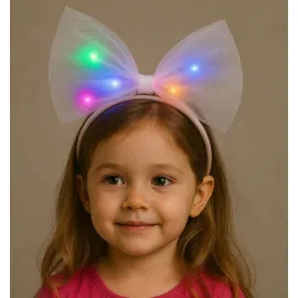 Rengarenk Led Işıklı Fiyonk Şekilli Tül Parti Tacı Beyaz Renk 25x25 cm