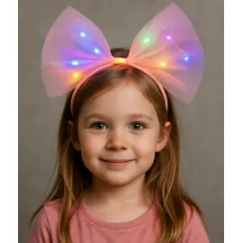 Rengarenk Led Işıklı Fiyonk Şekilli Tül Parti Tacı Pembe Renk 25x25 cm