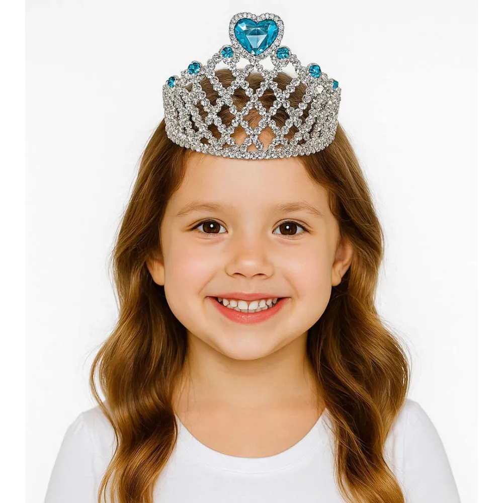 Mavi Kalpli Gümüş Renk Kraliçe Tacı Prenses Tacı 