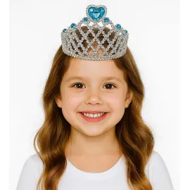 Mavi Kalpli Gümüş Renk Kraliçe Tacı Prenses Tacı 