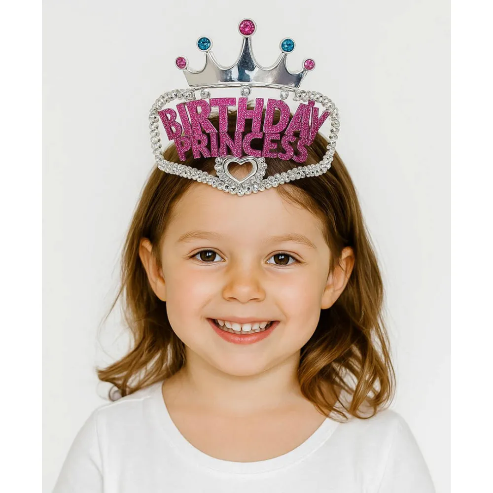 Gümüş Renk Taç Üzeri Pembe Birthday Prenses Yazılı Çocuk Parti Tacı 11X12 cm