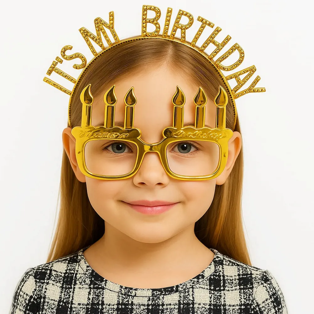 İt's My Birthday Yazılı Taç ve Mum Şekilli Gözlük Seti Altın Renk