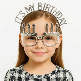 İt's My Birthday Yazılı Taç ve Mum Şekilli Gözlük Seti Gümüş Renk
