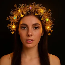 Kalp Püsküllü Gece Parıltısı 3 Modlu LED'li Işıklı Taç Altın Renk