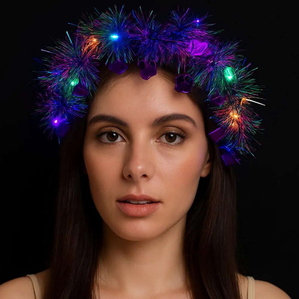 Kalp Püsküllü Gece Parıltısı 3 Modlu LED'li Işıklı Taç Mor Renk