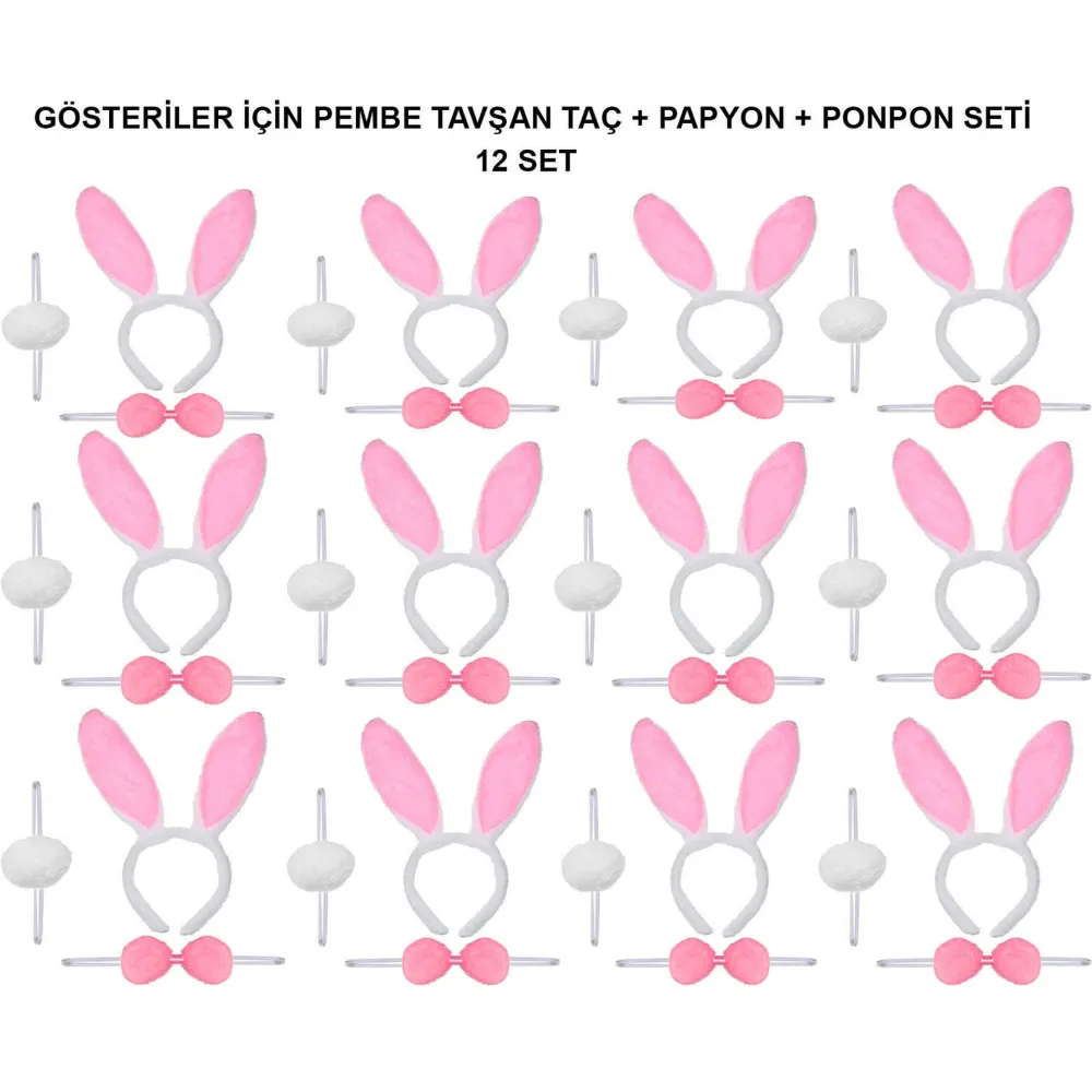 Pembe Tavşan Kostüm Seti – Taç, Papyon, Ponpon (12’Li Paket)