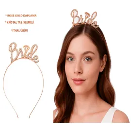 Rose Gold Renkli Taşlı “Bride” Gelin Tacı – El Yazısı Yazı Tipiyle