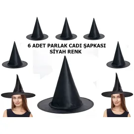 Halloween Siyah Renk Parlak Dralon Cadı Şapkası Yetişkin ve Çocuk Uyumlu 6 Adet