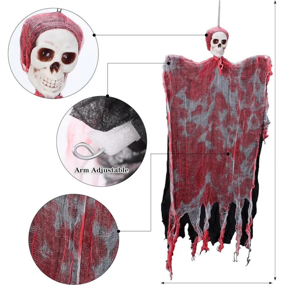 Led Işıklı Kahkaha Atan Sesli Sensörlü Ürpertici Kuru Kafa Kanlı Korku Hayalet Saçaklı Dekor 90X50 Cm