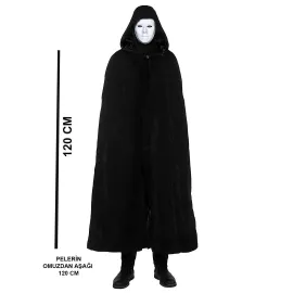 Siyah Kapüşonlu 120 cm Pelerin ve Beyaz Boyanabilir Tam Yüz Maske