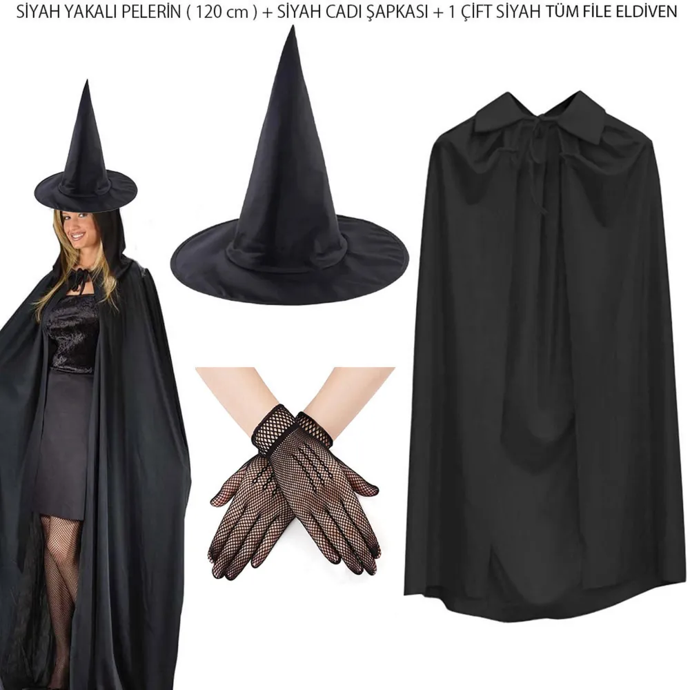120 cm Siyah Yakalı Cadı Pelerini Cadı Şapkası ve 1 Çift Siyah Kısa File Tüm Eldiven Seti 3 Parça