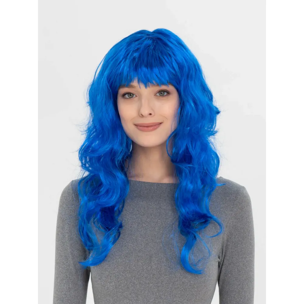 Mavi Renk Uzun Dalgalı Parti Peruğu 