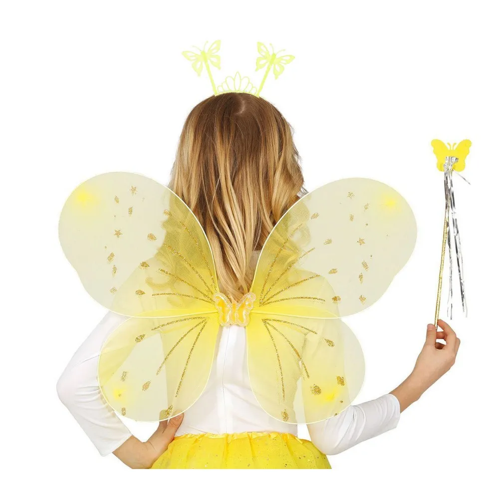 Sarı Kelebek Erkek-Kız Seti – 50 Cm Kelebek Kanadı, Taç Ve Asa