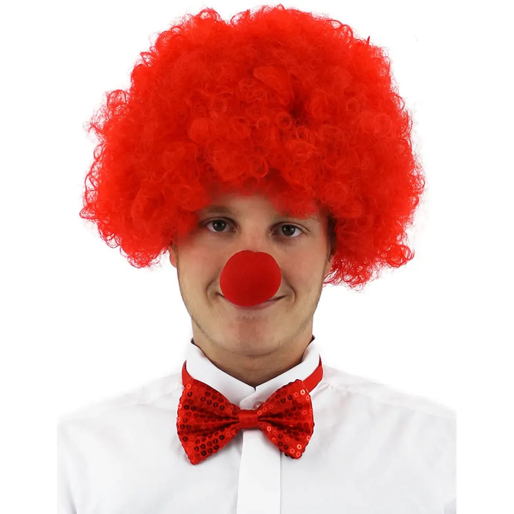 Kırmızı Renk Kıvırcık Afro Bonus Peruk Takma Saç Ve Kırmızı Burun Seti