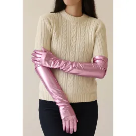 Uzun Boy Ekstra Parlak Saten Eldiven Pembe Renk 