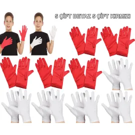 Çocuk Gösteri Eldiven Seti – 5 Çift Beyaz & 5 Çift Kırmızı