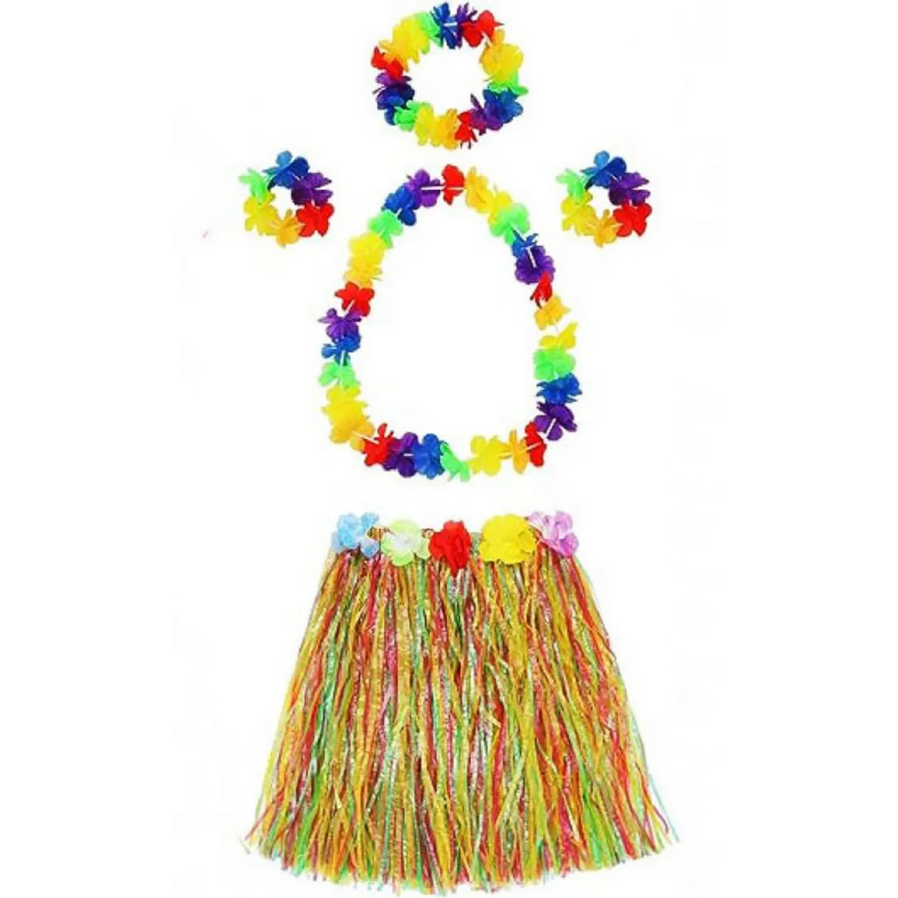 Yetişkin ve Çocuk Uyumlu Luau Aloha Hawaii  Kolye Renkli Etek Taç ve Bileklik Seti