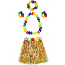 Yetişkin ve Çocuk Uyumlu Luau Aloha Hawaii  Kolye Renkli Etek Taç ve Bileklik Seti