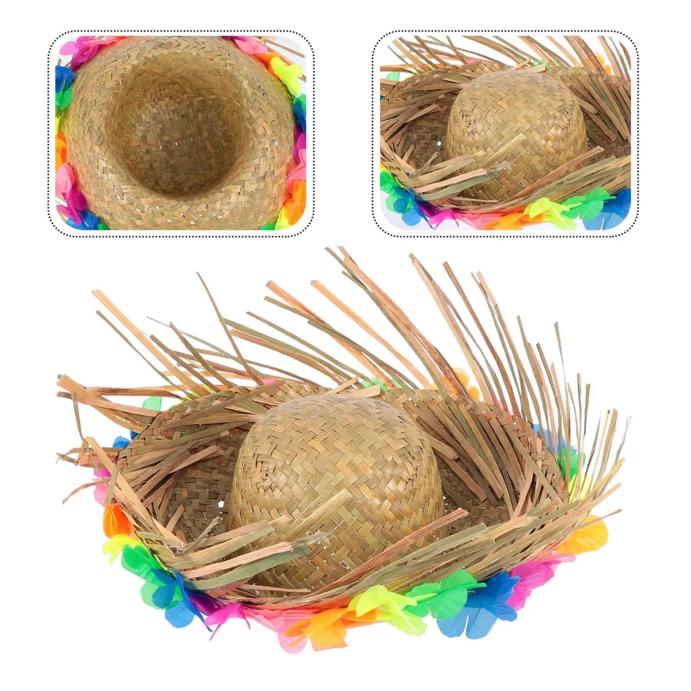 Naturel Renk Püsküllü Örme Hasır Hawaii Luau Aloha Şapka 13X36 Cm