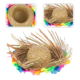 Naturel Renk Püsküllü Örme Hasır Hawaii Luau Aloha Şapka 13X36 Cm