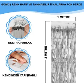 Gümüş Renk Ekstra Metalize Parlak Saçaklı Arka Fon Perde İthal A Kalite 1x2 Metre