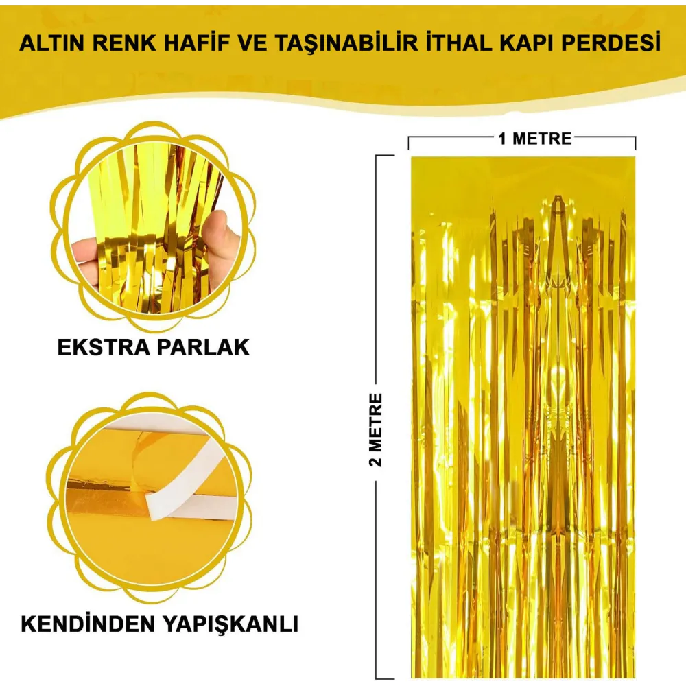 Altın Gold Renk Ekstra Metalize Parlak Saçaklı Arka Fon Perde İthal A Kalite 1X2 Metre