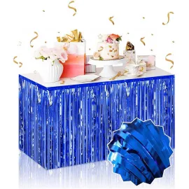 Kendinden Yapışkanlı Mavi Metalize Püsküllü Masa Eteği – 75 x 275 cm Parti Süslemesi