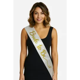 Beyaz Saten Üzerine El Yazısı İtalik Altın Bride To Be Kuşağı 10 cm Genişlik