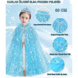 Karlar Ülkesi Elsa Frozen Mavi Pelerin – 80 cm Kar Desenli Çocuk Pelerini ( Taç Hariç )