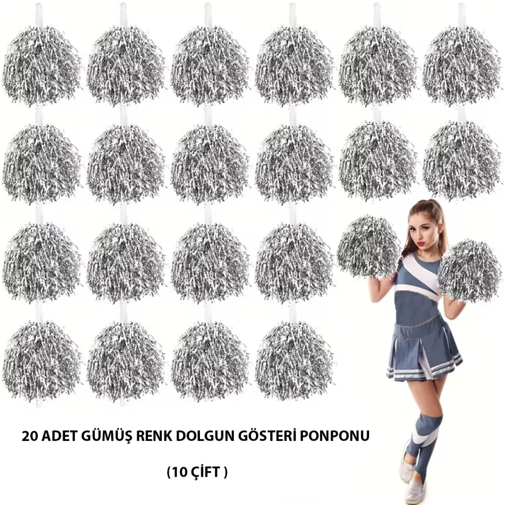 10 Çift ( 20 Adet ) Gümüş Renk 23 Nisan 19 Mayıs 29 Ekim Okul Gösteri Ponponları