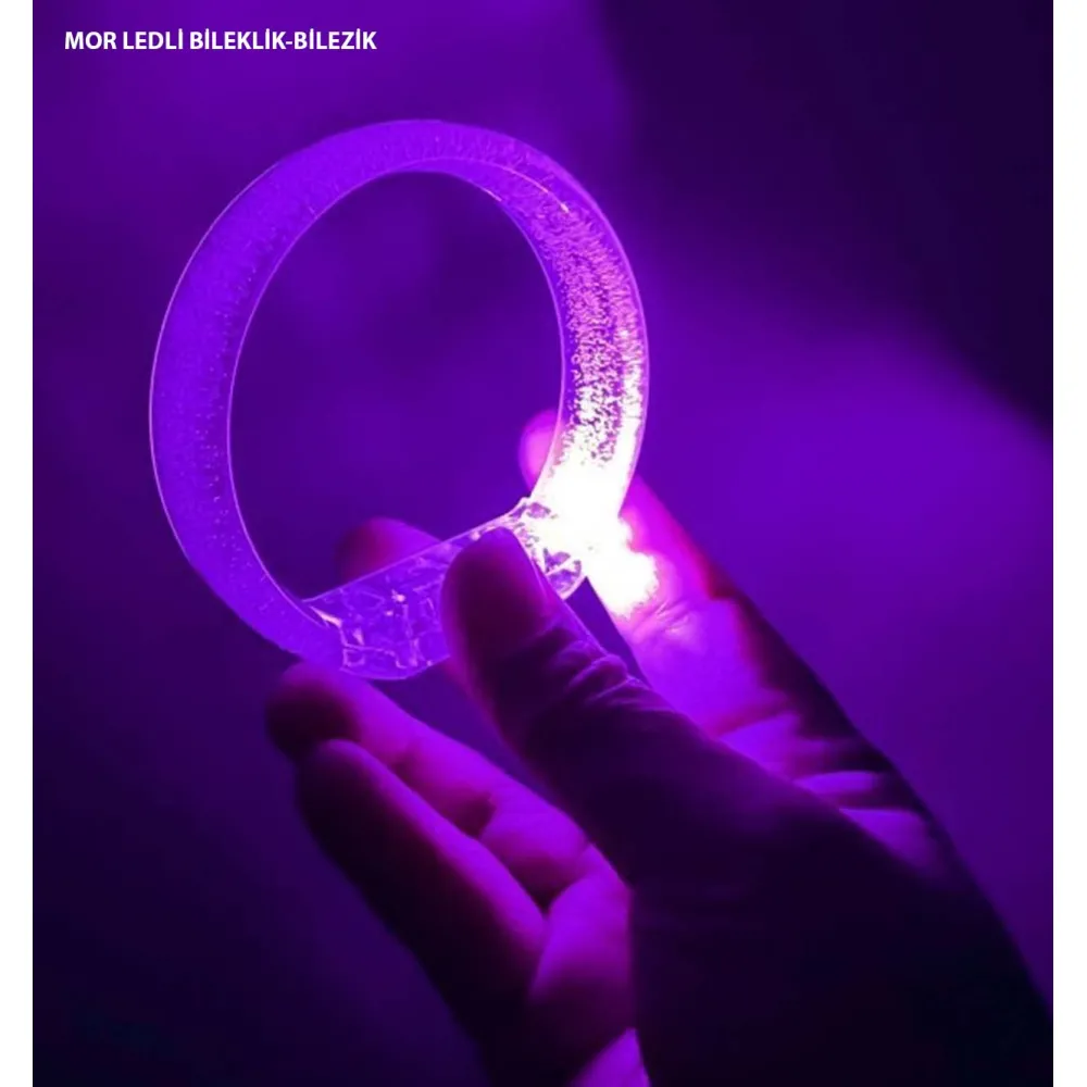 Mor Led Işıklı Baskı Yapılabilen Pilli Bileklik Bilezik 1,5 Cm Genişlik