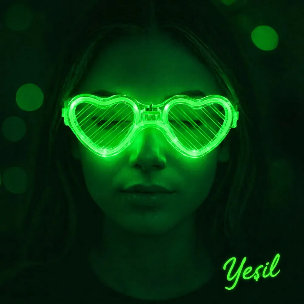Yeşil Led Işıklı Kalp Gözlük – 3 Modlu Parti & Glow Gözlüğü