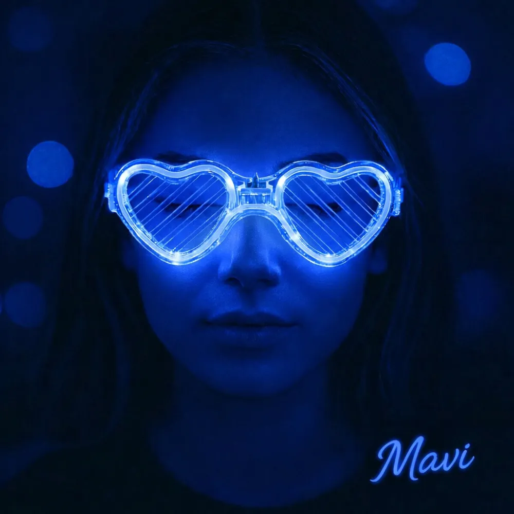 Mavi Led Işıklı Kalp Gözlük – 3 Modlu Parti & Glow Gözlüğü