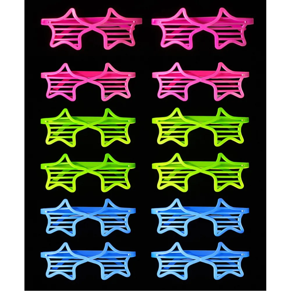 Retro Neon Fosforlu Yıldız Panjur Gözlük 12 Adet – 80’Ler 90’Lar Parti Stili