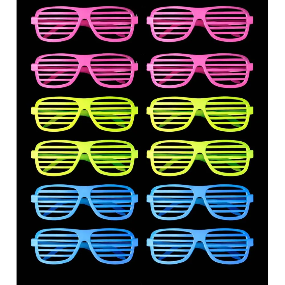 Retro Neon Fosforlu Panjur Gözlük 12 Adet – 80’Ler 90’Lar Parti Stili