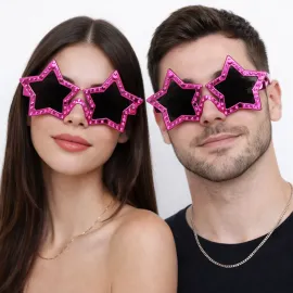 Fuşya Renk Disko Yıldızı Retro Parti Gözlüğü 16X7 Cm