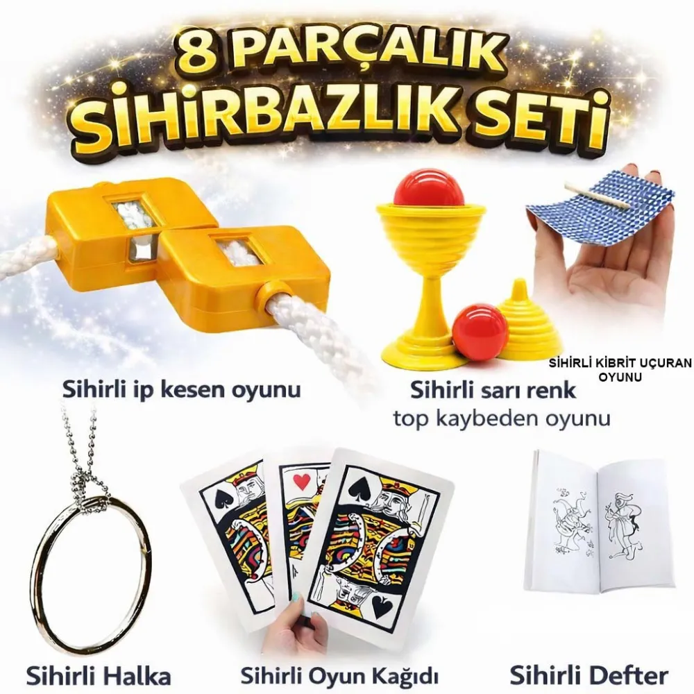 8’Li Sihirbazlık Seti (Kibrit, Defter, Halka, Kupa, İp, 3’Lü Kart)